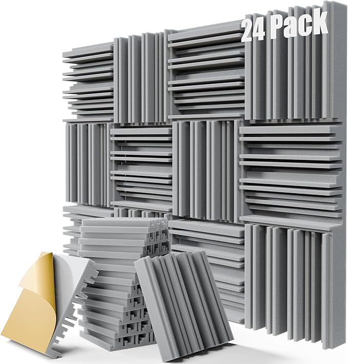 24 Pack Acoustic Panels, 12" x 12" x 2" Self-Adhesive Sound Proof Foam Panels for Walls, High-Density Soundproof Wall Panels for Studio, Home, and Ceilings (Gray)