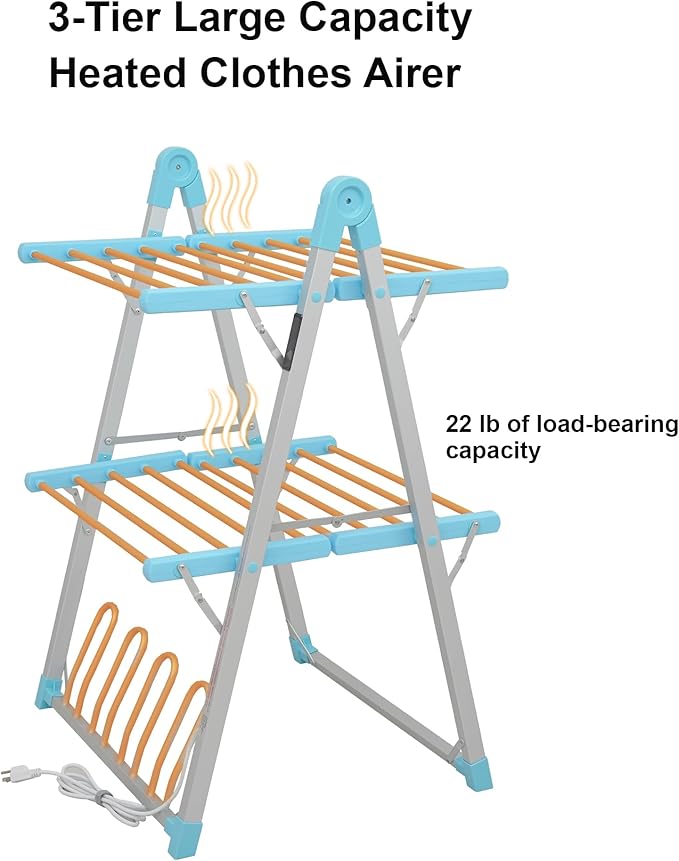 SHARNDY Electric Heated Clothes Drying Rack,Foldable Heated Garment Dryer with Timer Shut-Off Laundry Rack for Clothes Shoes Socks,Aluminum Alloy,Blue,Plug & Play,(39.37x25.98x23.82in)