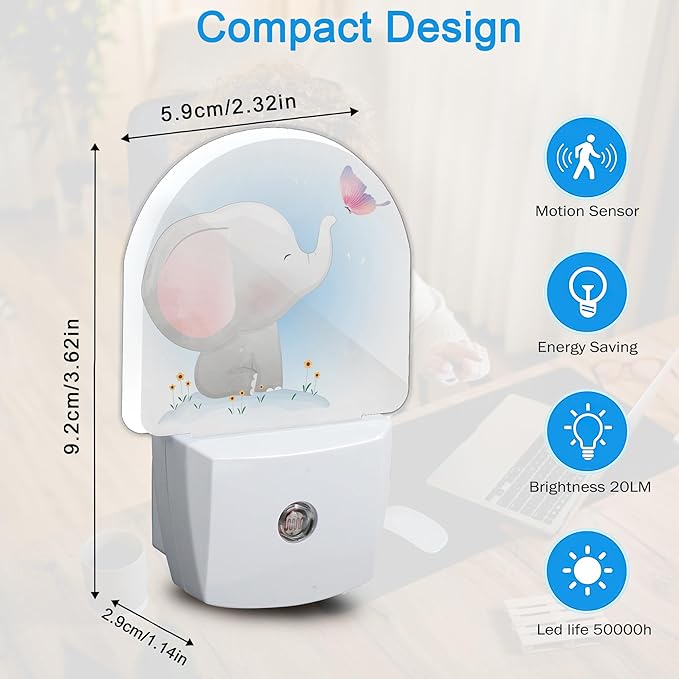 YESPOAK Cute Little Elephant Play Butterfly Dusk to Dawn Night Light Auto Sensor Lamp Home Indoor Stairway Kitchen Corridor Night Lights Plug Into Wall Décor Boys Girls Women Men Room Gifts