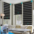 Motorized Zebra Blinds, Solar Powered Dual Layer Automatic Shades with Remote Control, Rechargeable Smart Blinds Horizontal Wireless Electric Shades for Windows, Custom Size, Black， 34 x 72