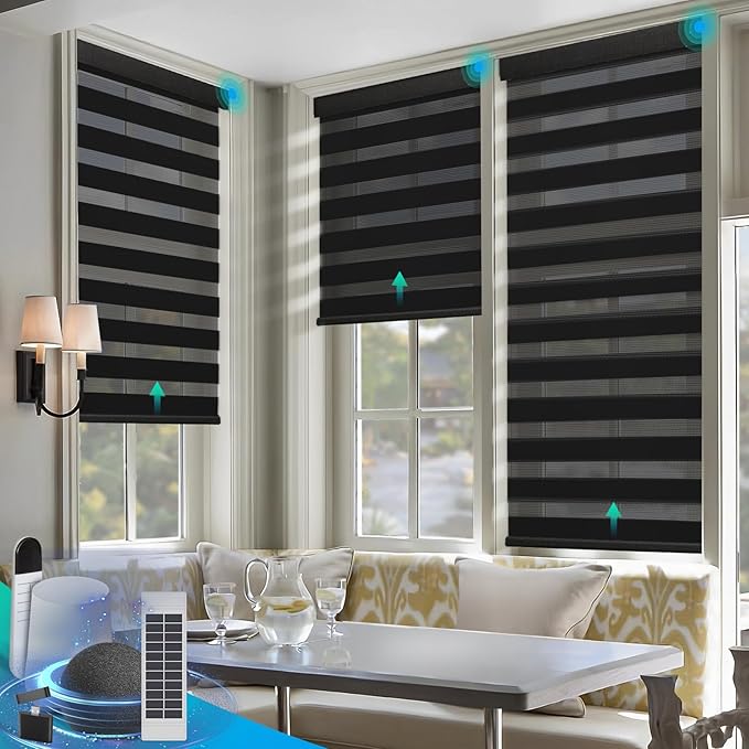 Motorized Zebra Blinds, Solar Powered Dual Layer Automatic Shades with Remote Control, Rechargeable Smart Blinds Horizontal Wireless Electric Shades for Windows, Custom Size, Black， 30 x 72