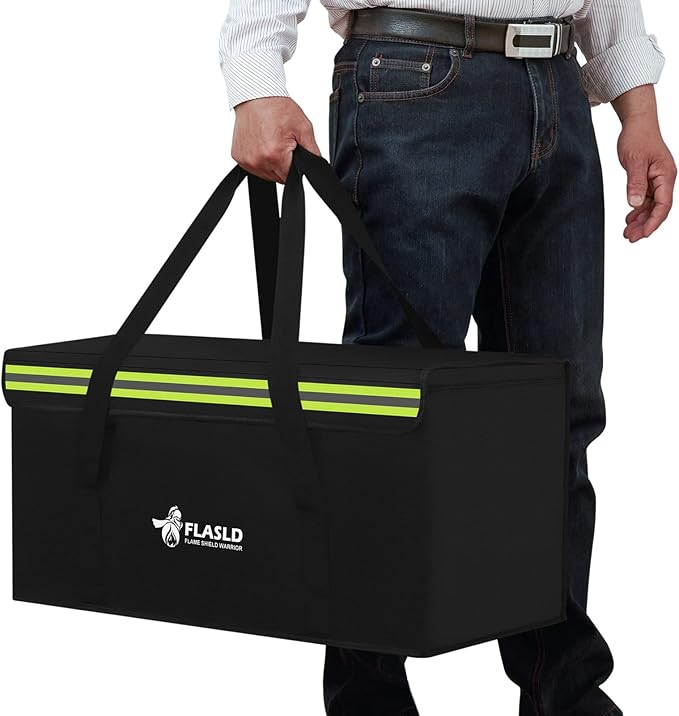 FLASLD Large Fireproof Lipo Bag for 200Ah Lithium Battery Storage and Charging, 22 x 9 x 9.5in E-bike Battery Bag Waterproof Box for Documents and Valuables