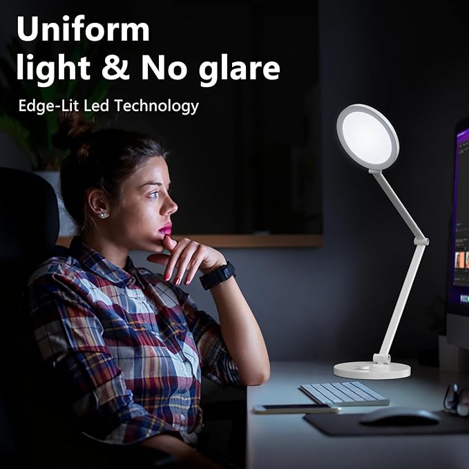 ANNAITE LED Desk Lamp for Home Office, Eye-Caring Modern Desk Light, 3 Color Temperature 10 Brightness Computer Light, Dimmable Desk Light with Memory & Timer Func, Metal Swing Arm Table Lamp (White)