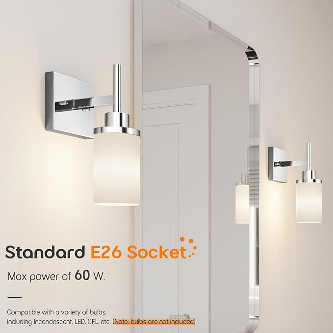AONEON Vanity Lights Polished Chrome Bathroom Light Fixtures with White Frosted Glass Shade, Wall Sconces for Mirror Hallway Entrance, 2 Pack T001CH-L1-P2