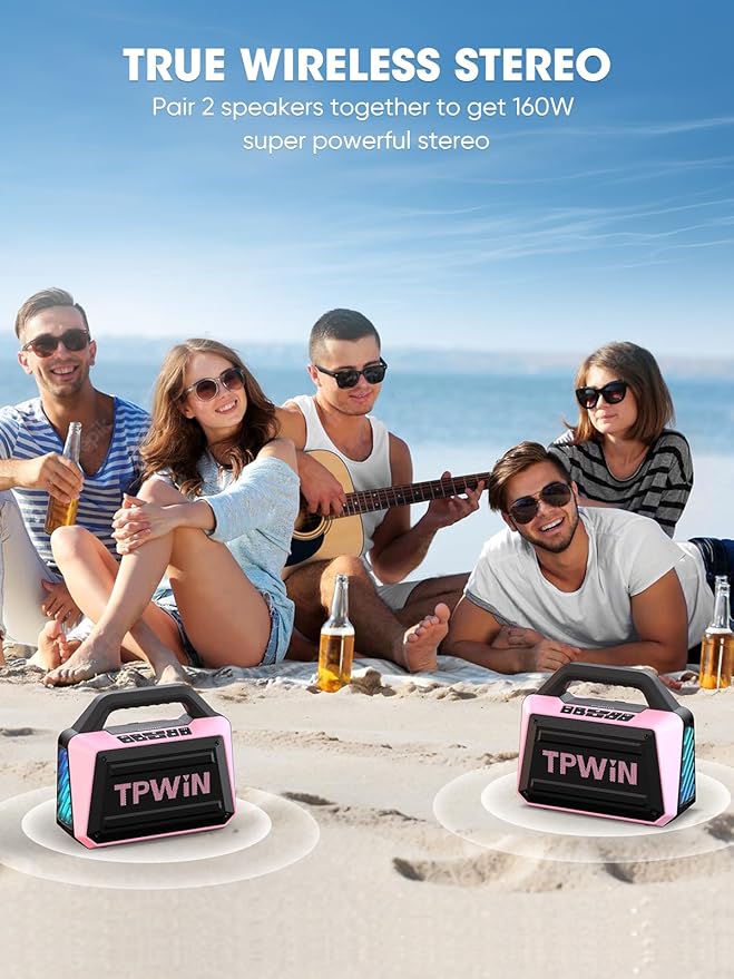 TPWIN Wireless Bluetooth Speakers - Portable Speaker 80W Peak, 20H Playtime, Light Shows, Loud Speaker with Strong Bass, BT 5.3, TWS, IPX6 Waterproof for Home Travel Outdoor Beach Camping - Pink