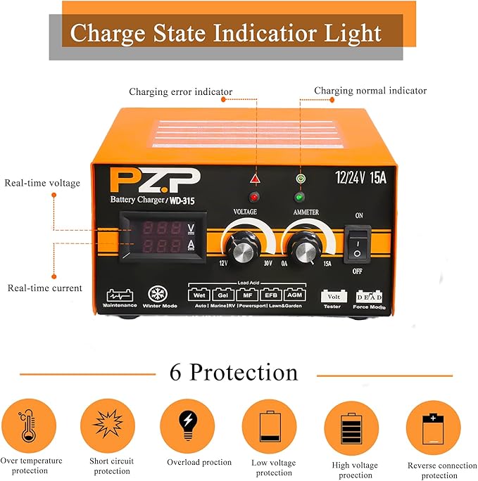 12V 24V Manual Battery Charger Maintainer, 0 to 15A Arbitrarily Adjustable Car Battery Trickle Charger, Battery Desulfator with Repair, Winter Mode, Suitable for AGM Gel Deep Cycle Truck RV ATV