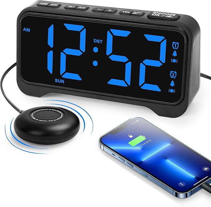 Loud Alarm Clock for Heavy Sleepers Adults, Vibrating Bed Shaker Alarm Clock for Teens/Deaf People, 7.5" Large Screen Digital Alarm Clock, Dual Alarm, Nightlight, Brightness Adjustable, Bedroom, Dorm