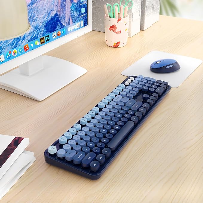 Nowlike Wireless Keyboard and Mouse Combo, Retro Typewriter Keyboard with Round Keycaps, Full-Size Ergonomic, Blue, Ideal for Windows PC, Home, Office, and College, Wireless Keyboard Mouse Combo