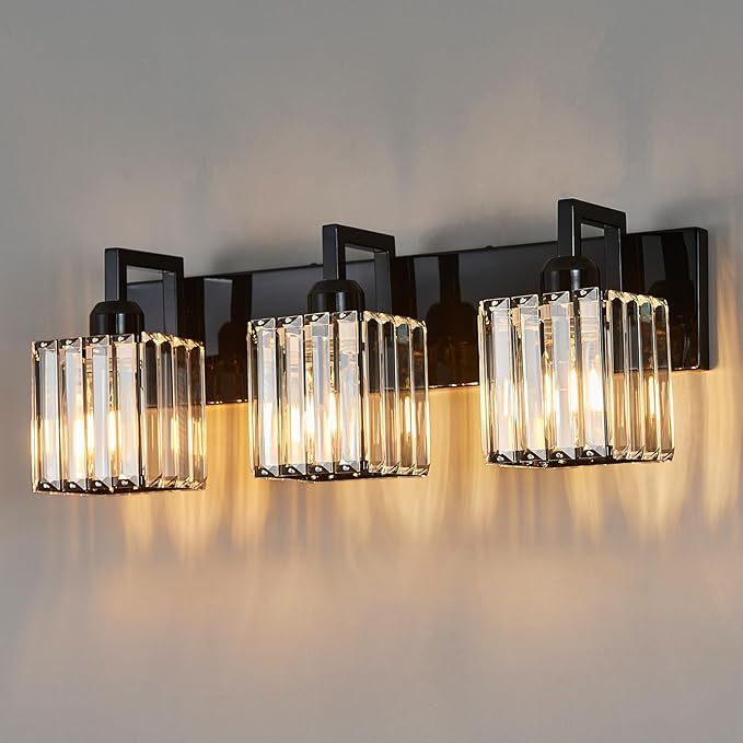 FDPBY Modern Bathroom Vanity Light 3-Lights Plating Black Vanity Light Crystal Wall Light Bathroom Light Fixtures