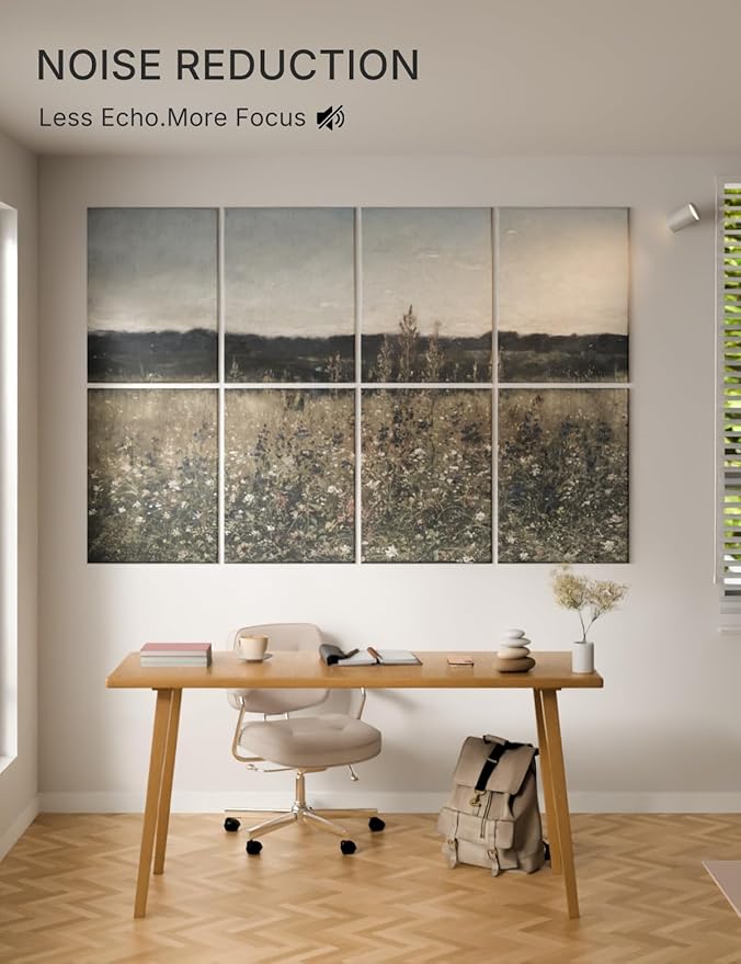 Wall Art Acoustic Panels,70''×47''Sound Absorbing Panels-8-Pack with 60 Adhesive Tabs, Decorative Sound Absorbing Panels for Living Room and Recording Studio, Offices-Champ Fleuri