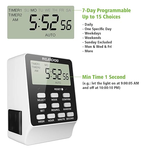 Outlet Timer, NEARPOW Dual Digital Light Timer with 2 Independently-controlled Outlets, 18 ON/OFF Programs, 24-Hour and 7-Day Programmable,Indoor Heavy Duty Electrical Timer Switch, 3 Prong, 15A/1800W