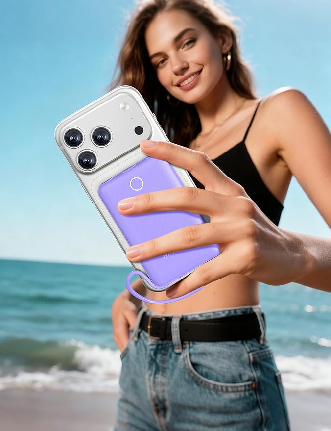 miisso 10000mAh Mini Portable Charger with Built in Cable, Pocket Size Power Bank Travel External Battery Pack for Phone, 3 Output USB Type C Cord Clutch Compatible with iPhone, Samsung, Purple