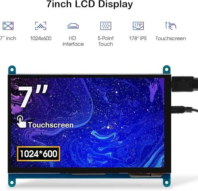 ELECROW 7 Inch 1024×600 Touchscreen for Raspberry Pi: IPS Capacitive Touch Screen LCD Display, Mini Portable Monitor Compatible with Raspberry Pi 5/4/3 BB Black Banana Pi Windows 11/10/8/7 Driver Free