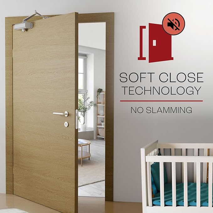 PrimeWare DC-300 Automatic Adjustable Door Closers for Home | Soft Close, No Slam | Residential and Commercial Door Closer | Level 3 | for Doors Weighing 90-140 lbs | Hydraulic Door Spring - Nickel