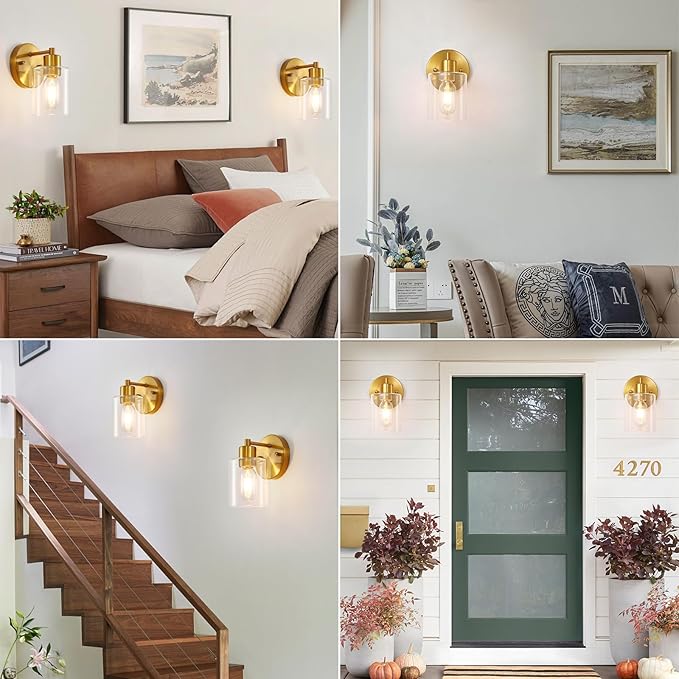 SOPEAS 1-Light Wall Sconce Gold,Vanity Light, Wall Mount Bathroom Mirror Fixtures, Brass Bathroom Light fixtures with Clear Glass Shade for Bedroom, Entrance, Hallway, Living Room (1 Pack)