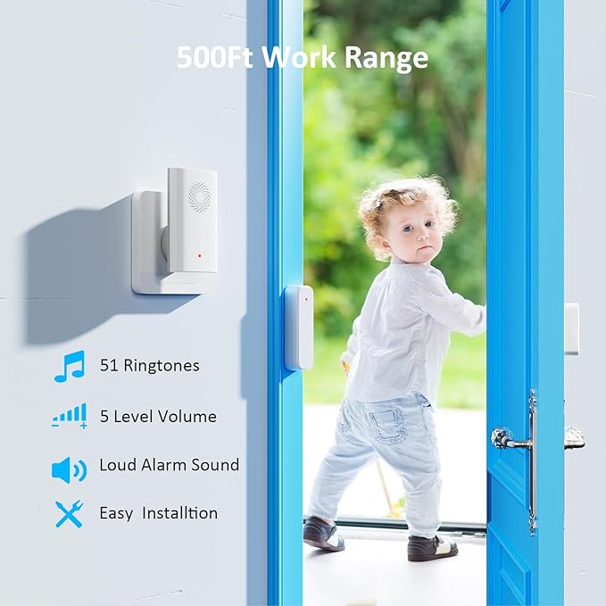 Door Chime, Wireless Door Open Sensor Alarm When Entry Business/Office/Store (500ft Range 51 Ringer Adjustable Volume) Home Alert Bell for Kid/Toddler Safety, 1 Receiver+3 Sensors