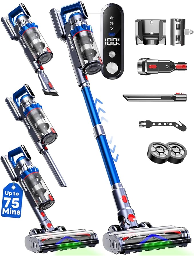 XenonLab Cordless Vacuum Cleaner, 75Mins/55KPa/650W Self-Standing Stick Vacuum Cleaners for Home, Rechargeable, Lightweight, Cone Filtration&Anti-Tangle, for Hard Floor, Carpet, Hardwoods, Pet Hair