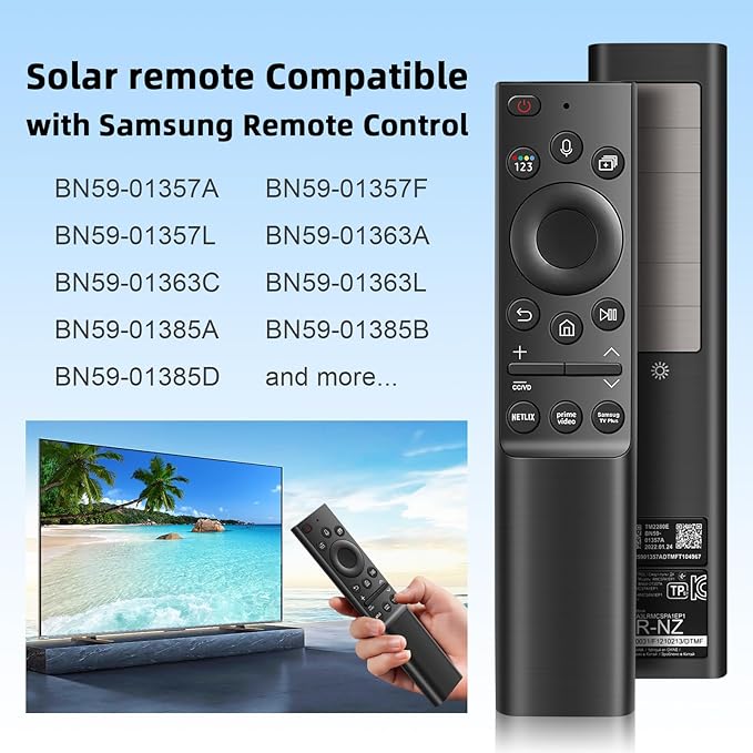 BN59-01357A Solar Voice Remote for Samsung TVs - Compatible with Frame/Neo QLED 4K/8K UHD Smart TVs (VG-TM2180ES/ZA), 3 App Shortcuts & Solar Charging
