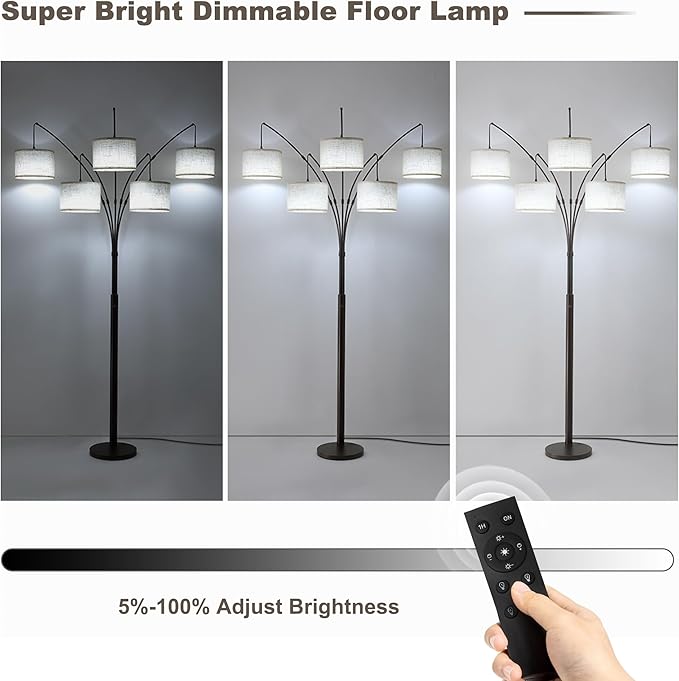 Fansdrick Dimmable Floor Lamp - Arc Floor Lamps for Living Room, 4000LM Super Bright Modern Tall Standing Lamp with Black Shades & Heavy Base, Mid Century Tree Floor Lamp for Bedroom Office