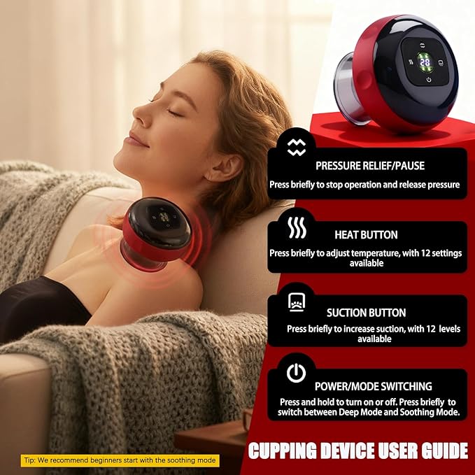 Red Light Cupping Therapy, 5 In 1 Smart Electric Cupping Device Kit for Massage Therapy, 12 Suction & Temperature Levels Massager, Infrared Therapeutic Heat for Back, Shoulder, Muscle Relief (Red)