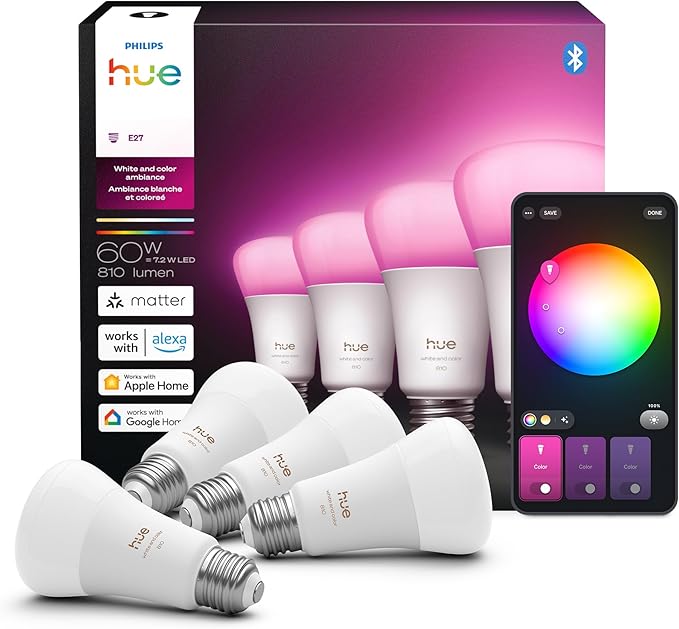 Philips Hue Smart LED A19 Bulb 4-Pack, White Color Ambiance, E26 Base, 7.2W, Full Spectrum Light 1000K-20000K, 810 Lumens, Dimmable, Works with Alexa, Google,& Apple Home