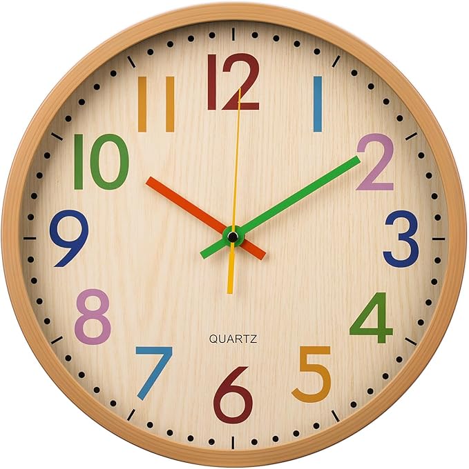 bakbrand Kids Wall Clock Silent Non-Ticking Colorful Childrens Clock Round Decorative Wall Clocks for Classroom, School, Office, Bedroom, Living Room, Kitchen (Bamboo Grain, 12 inch)