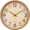 bakbrand Kids Wall Clock Silent Non-Ticking Colorful Childrens Clock Round Decorative Wall Clocks for Classroom, School, Office, Bedroom, Living Room, Kitchen (Bamboo Grain, 12 inch)