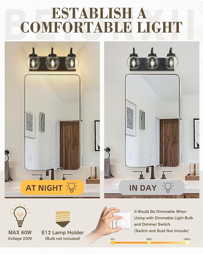 Beionxii Black Bathroom Vanity Light, 3-Light Bathroom Light Fixtures with Clear Glass Shade, Modern Vanity Lights Over Mirror Living Room Hallway, BX-VL03MB-3CG