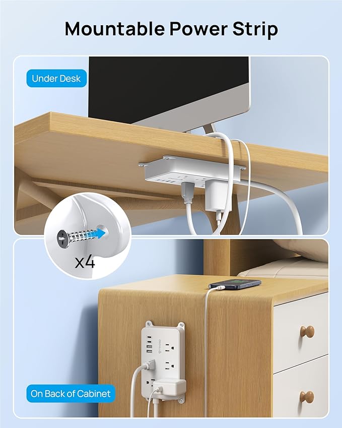 TROND Power Strip with USB, 10ft Extension Cord Surge Protector, 5 Widely Spaced Outlets with 4 USB Ports, ETL Listed, 1300J, Low-Profile Flat Plug, Wall Mountable, White