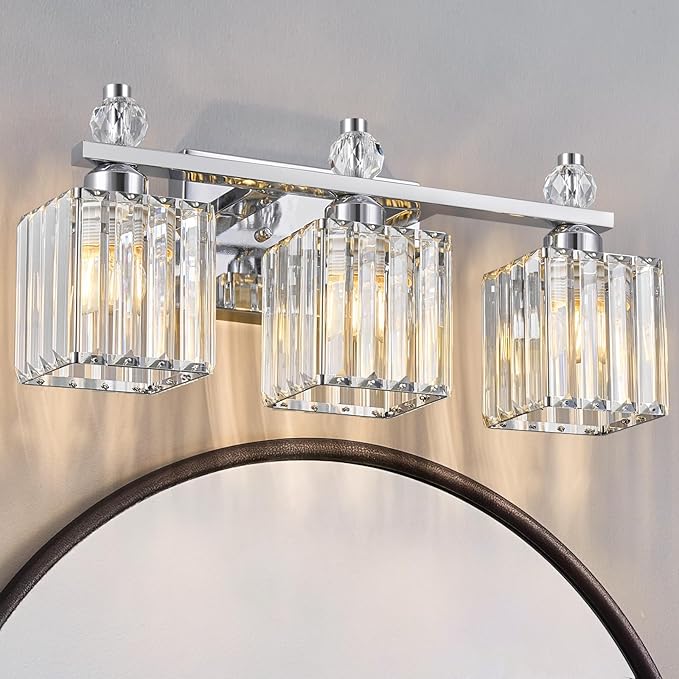 FDPBY Bathroom Vanity Lights 3-Light Modern Crystal Vanity Light Chrome Bathroom Light Fixtures Over Mirror Crystal Bathroom Vanity Lighting Fixtures