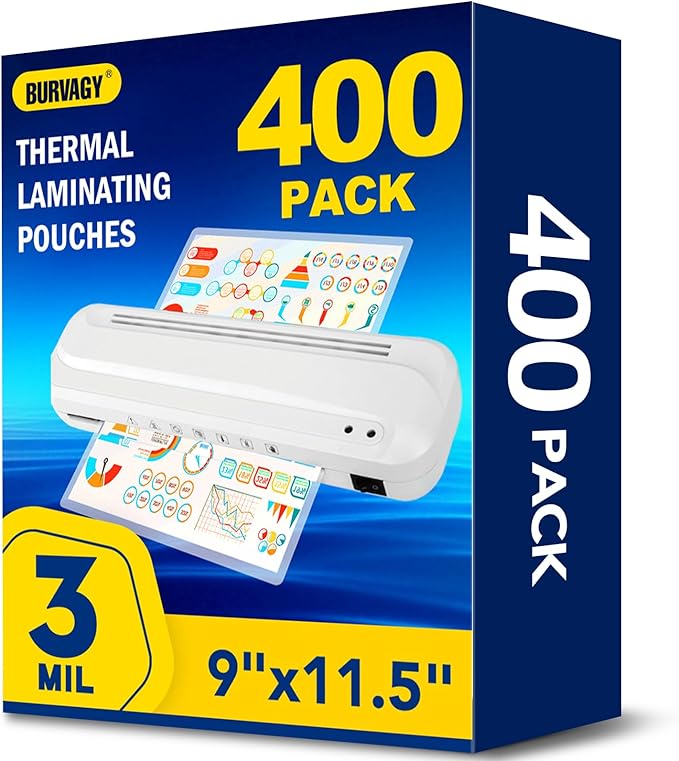 BURVAGY 400 Pack Laminating Sheets, 3 Mil, 9 x 11.5 Inches Thermal Laminating Pouches Lamination Sheet Paper for Laminator, Clear, Letter Size, Office and School Supplies