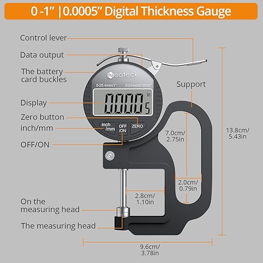 Neoteck Digital Thickness Gauge (Silver-Black, 0-1"/0.0005")