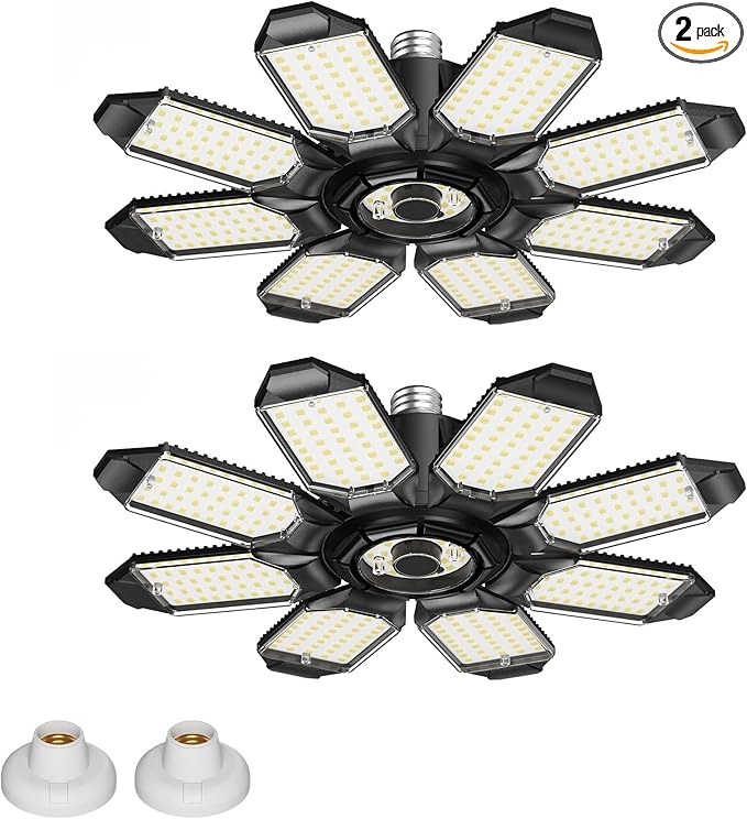 ryoza Motion Sensor Garage Lights 2 Pack, 25000LM Motion Activated Shop Light with 8+1 LED Deformable Panels, 360° Detection, Motion Sensor Ceiling Light for Garage, Workshop, Basement, Laundry Room