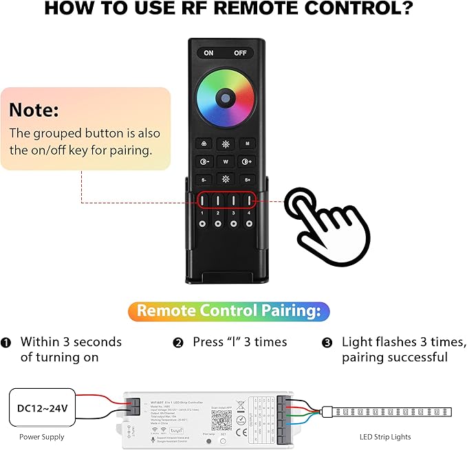 XXK WB5 WiFi PWM 12V/24V LED Controller with RC03RFB RF Remote Control 4-Zone Group, RGB RGBW RGBCCT Strip Lights Controller Kit Compatible with Alexa Google Home Smart Life Tuya APP Control