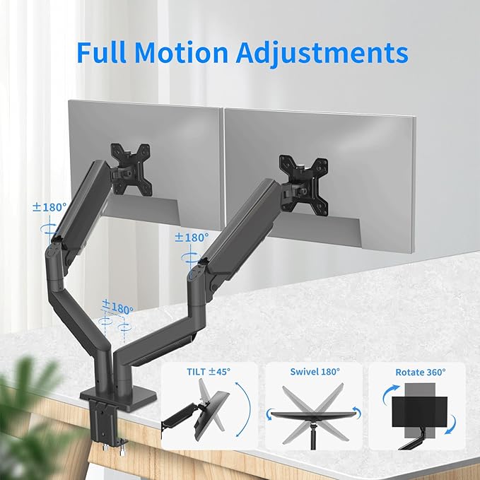 Dual Monitor Stand for 13 to 32 inch Screens, Gas Spring Monitor Arm with Swivel, Tilt, Rotation, Height Adjustable, Desk Mount with C-Clamp and Grommet Base, Each Arm Holds 4.4 to 19.8lbs Screen