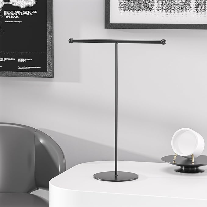 Justsoso Metal T-Bar Necklace Holder Stand, Necklace Hanging Display Stand, Tabletop Jewelry Organizer Stand for Necklace Bracelet Earring Display (Black With Metal Base)