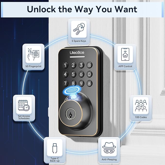 Ulecoce Fingerprint Keypad Deadbolt with Handle Set, Keyless Entry Door Lock, Door Locks for Front Door Lock Set, App Control, Auto Locking, Easy to Install, Oil Rubbed Bronze