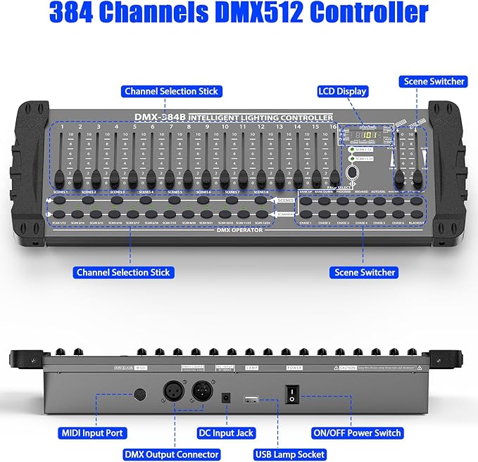 Wiwreenm DJ Controller 384CH Fog DMX-512 DJ Controller Support 30 Banks 8 Scenes 24 fixtures Stage Lighting Console for Program Editing of DJ Lights Show Bar Club Live