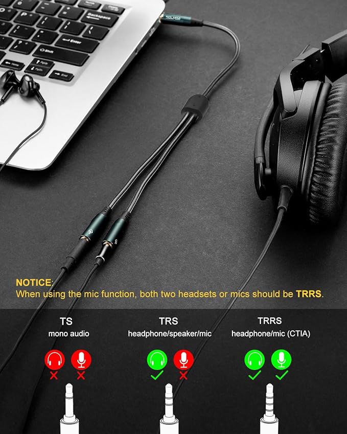 SOLMIMI Headphone Splitter for 2 Headphones, TRRS 3.5mm Male to 2 Female Audio Jack Splitter Adapter Compatible with Two Headsets or Microphones to PC, Laptop, Smartphones, PS4, PS5, Xbox - 1 FT