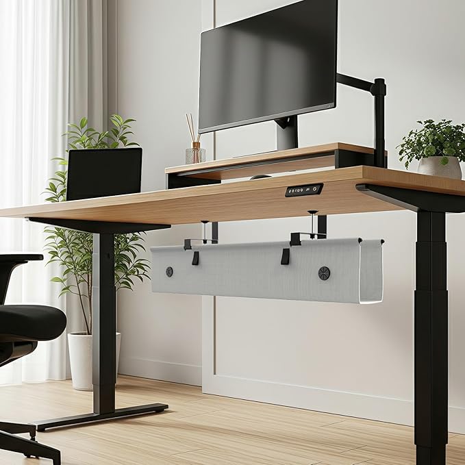 KIGJU Under Desk Cable Management Tray, 30-inch No-Drill Cord Organizer with Anti-Sag Reinforced Base, Fabric Wire Management Hider for Standing Desk, Office & Gaming Accessories - Grey
