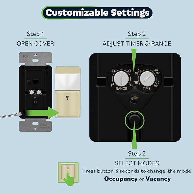 TOPGREENER PIR Motion Sensor Switch, Ambient Light Level Detector, No Neutral Required, 150W LED/CFL, 1/6 HP, Occupancy Vacancy Modes, Ground Wire Required, Single Pole, TDOS5-JM, Ivory