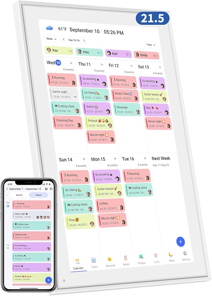 21.5 Inch Digital Calendar, Electronic Chore Chart, Smart Weekly and Monthly Planner 1920 * 1080P IPS Touchscreen Wall and Desk Calendar for Family Schedules, White