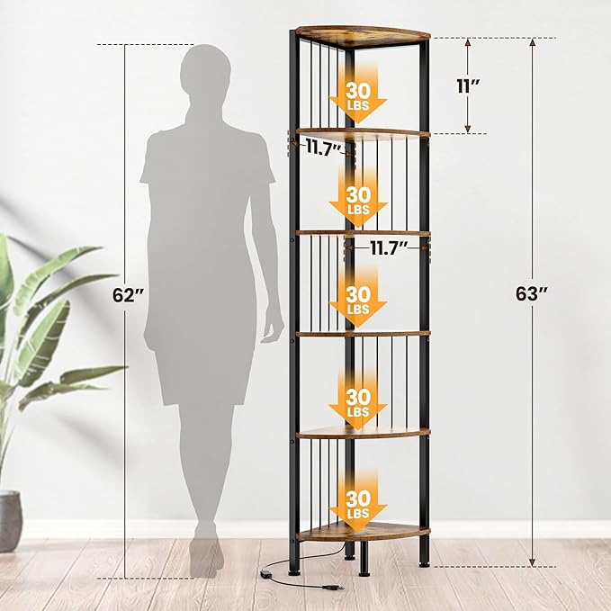 MonaSixy 6 Tier Corner Shelf with Light, Music Synic 60000 DIY LED Color Smart Remote Tall Display Shelves Corner Shelf Stand Bookshelf Wood Rack Metal Frame for Living Game Room Bedroom, Rustic Brown