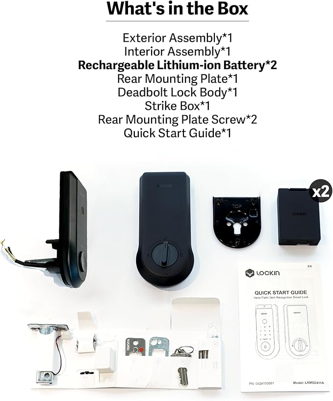 Lockin Veno Smart Deadbolt Lock with Dual Swappable Batteries for 14-Month Extended Power, Palm Vein & Fingerprint Keyless Entry, Built-in Wi-Fi, Doorbell, App Remote Control, IP65 Waterproof