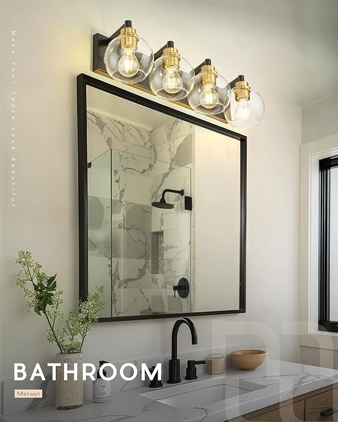 METWET Bathroom Light Fixtures, 4-Light Black and Gold Bathroom Vanity Light, 26 Inch Modern Wall Sconces with Globe Clear Glass Shade, Vanity Lighting Fixtures Over Mirror, VL195-KG-4