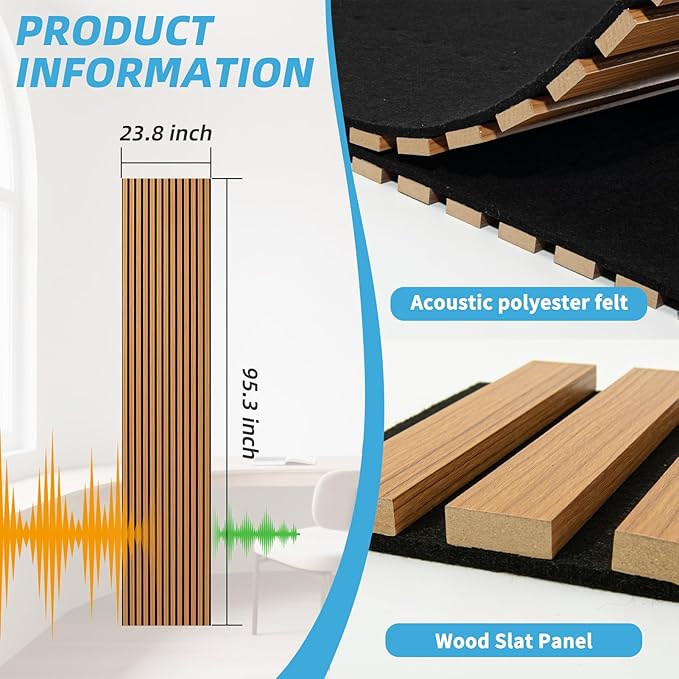Art3d 2-Pack Acoustic Wood Slat Wall Panel with Roll-Flat Design - 95.3 x 23.8 Inch Sound Absorbing Panels for Living Room Columns Corridor Curved Wall Decor, Teak
