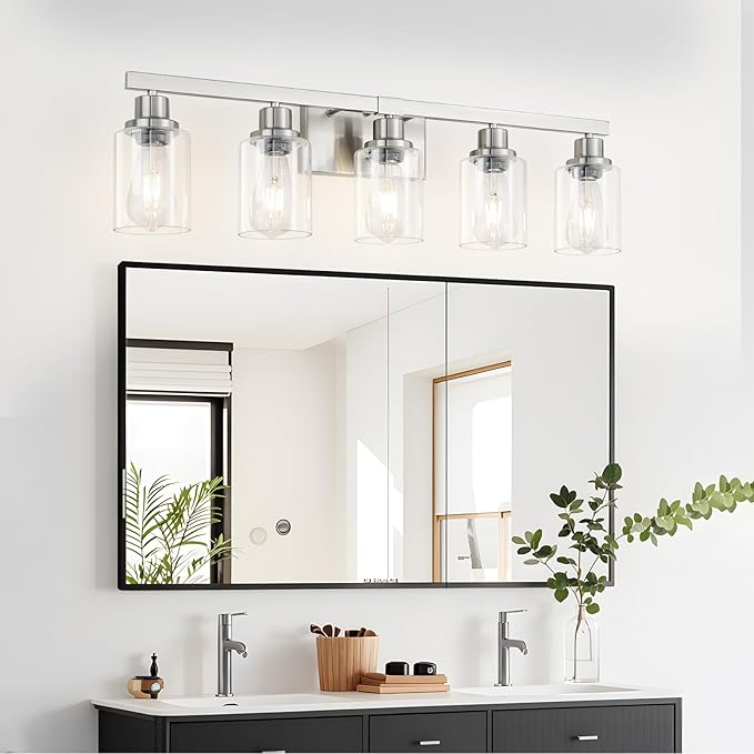 DIKAIDA Bathroom Vanity Light, 5-Light Nickel Modern Matte Wall Sconce Lighting with Clear Glass Shade, Wall Lights,Bath Vintage Wall Mounted Lamps for Mirror Bedroom Living Room