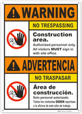 Brimar - 10" x 14" - Bilingual Warning Construction Area No Trespassing Sign - .055″ Polyethylene Plastic - Bold Text - Easy Installation