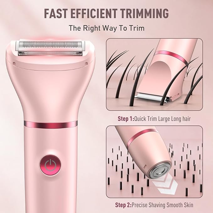 Crolanli Bikini Trimmer for Women, 3-in-1 Electric Razors for Women, IPX7 Waterproof Rechargeable Cordless Pubic Hair Shaver, with LED Display, for Ladies Bikini Pubic, Face, Underarms, Legs(Pink)