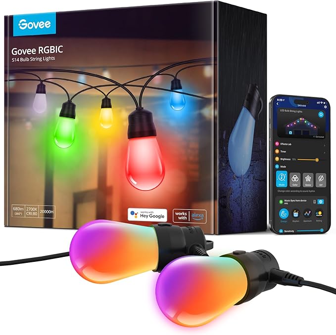 Govee Smart Outdoor String Lights H7015, 48ft RGBIC Outdoor Lights with 15 Dimmable LED Bulbs, IP65 Waterproof, Color Changing Warm White Lights with 47 Scene Modes for Patio, Backyard, App Control